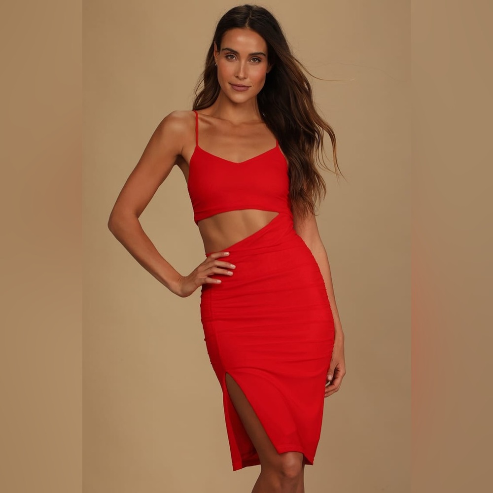 LULUS Cutting Loose Red Ruched Cutout Bodycon Dress
